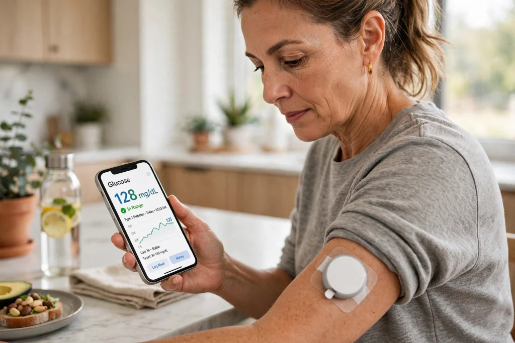 Person with type 2 diabetes checking a continuous glucose monitor app