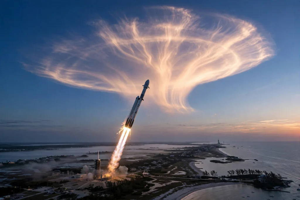SpaceX rocket launch creating a glowing jellyfish cloud at dawn
